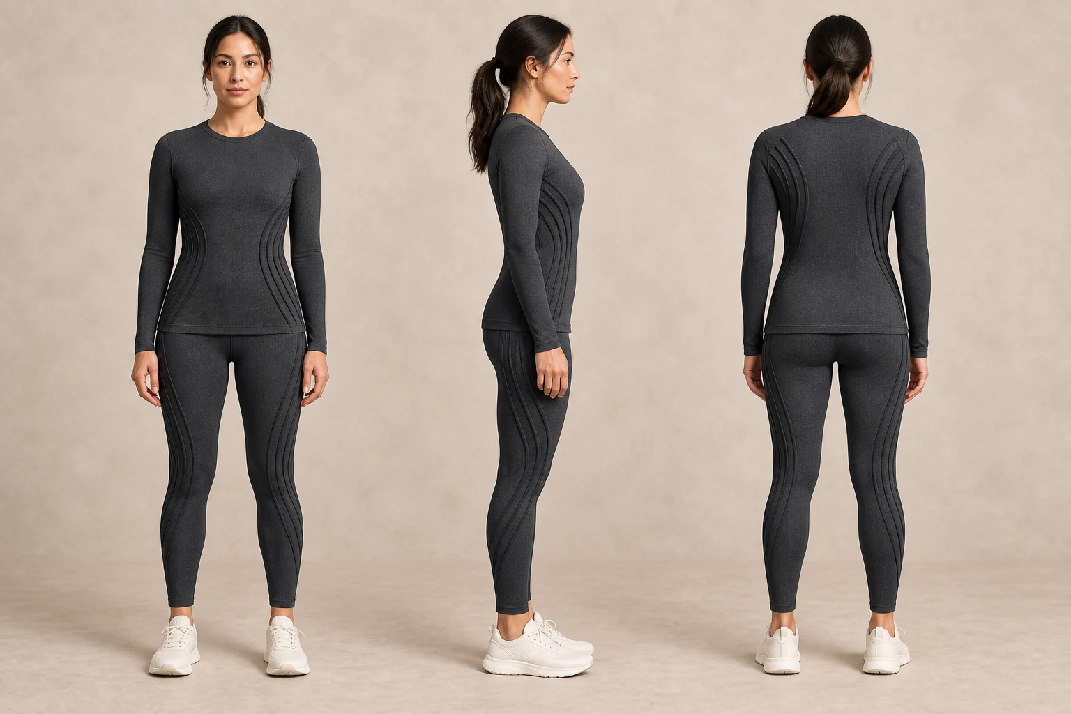AI-generated concept: the same adult model wearing a charcoal long-sleeve top and leggings, shown from the front, side and back with proposed raised textile zones