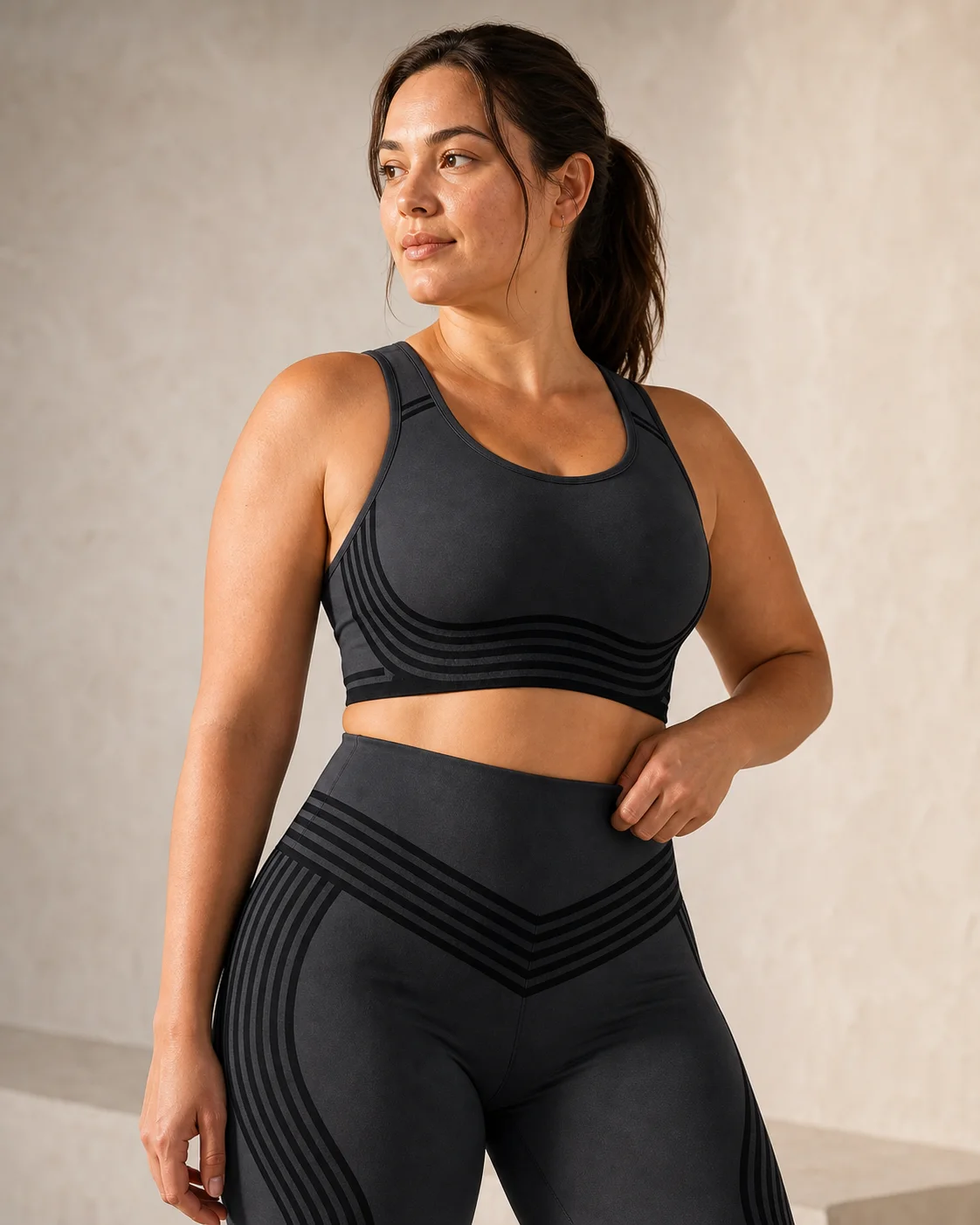 Adult curvy model wearing a full-coverage wire-free support top with mapped matte flocked zones