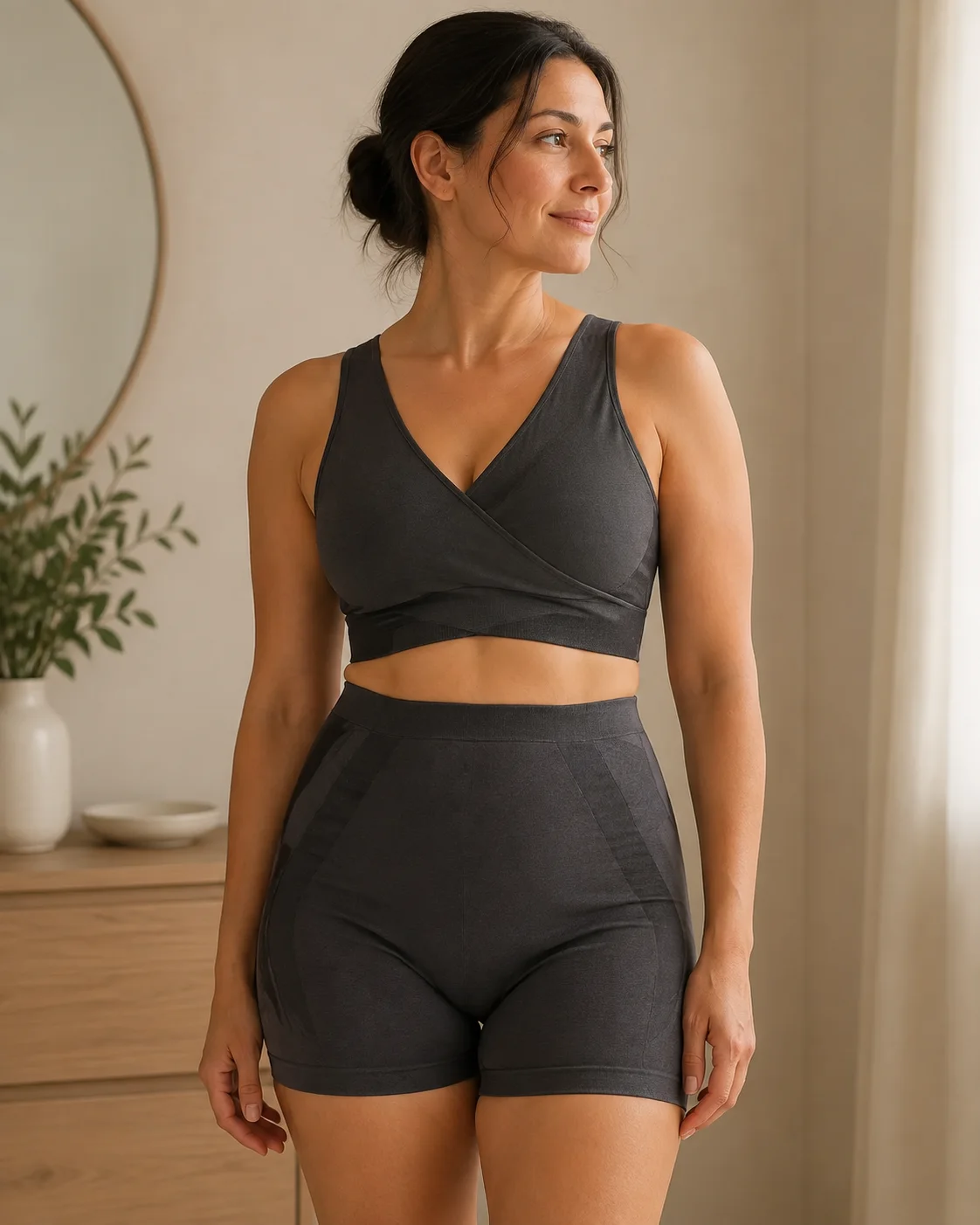 Adult woman wearing a crossover support top and high-waisted support shorts as a postpartum apparel concept